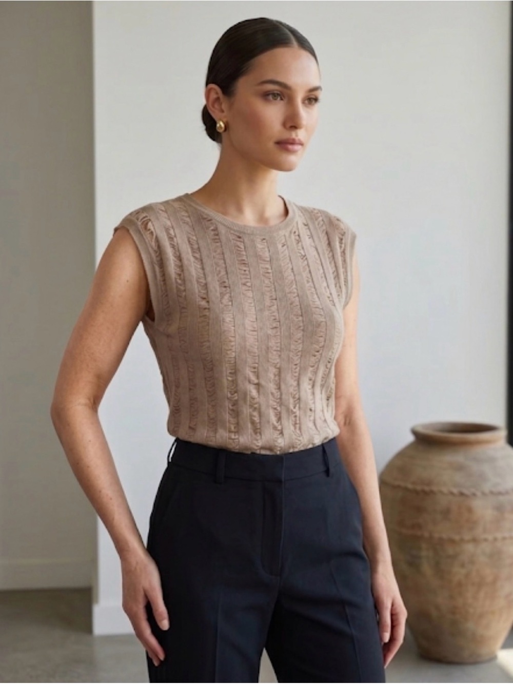 Vivienne Tam Beige Distressed Vertical Ribbed Knit Sleeveless Top Size Medium